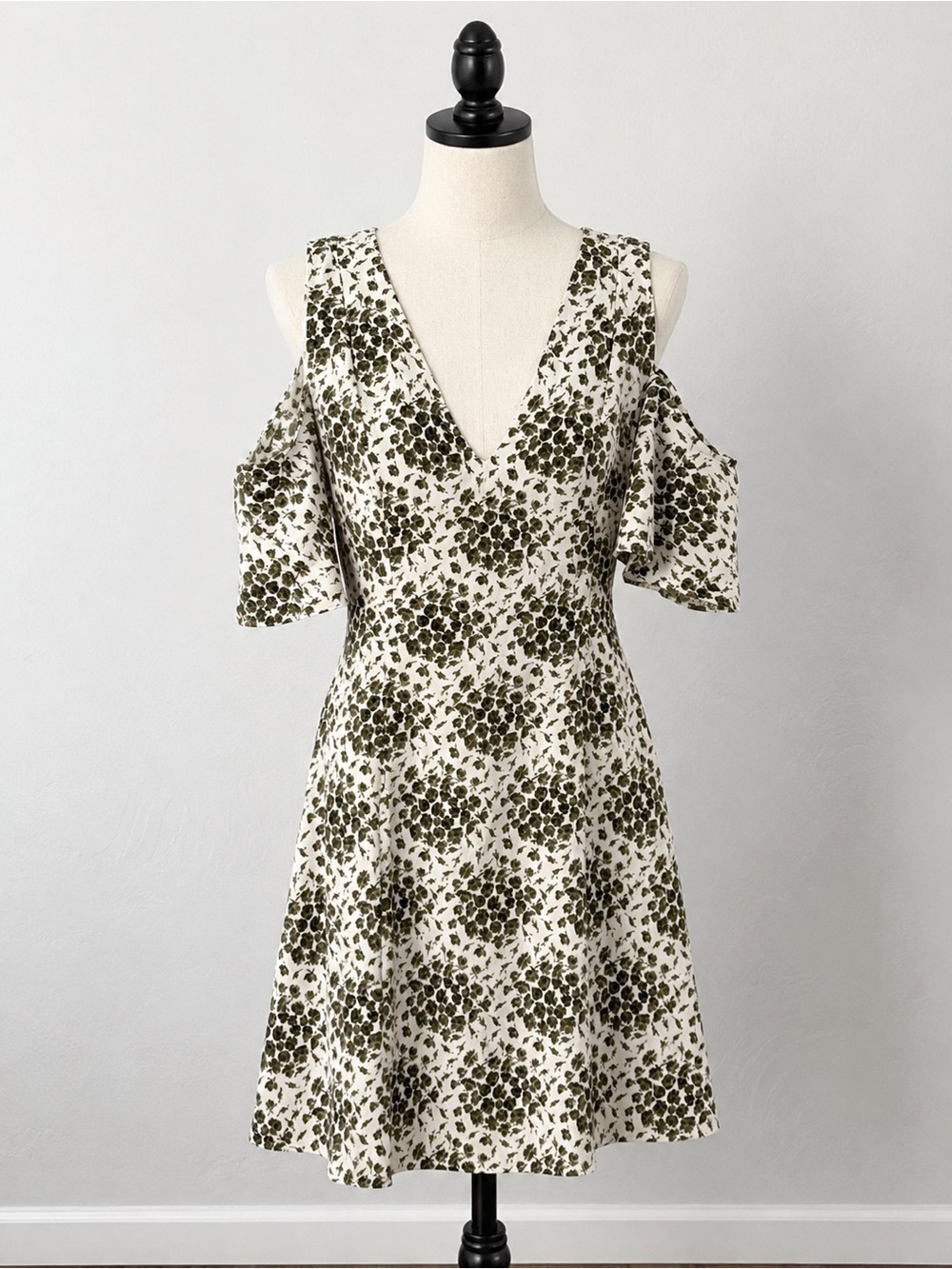 Banana Republic Olive & White Floral Cold-Shoulder A-Line Dress